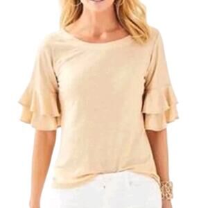 Women's Lilly Pulitzer Luna Sand Dune Linen Ruffle Sleeves Gold Shimmer Top L